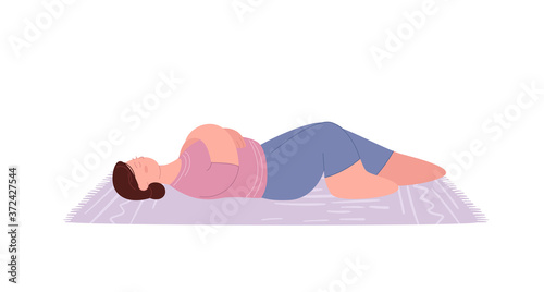 Young sad woman lying on the floor. Mental health problems and treatment of depression psychological help. Exhausted sick female hugs herself. Vector illustration. Isolated on white background