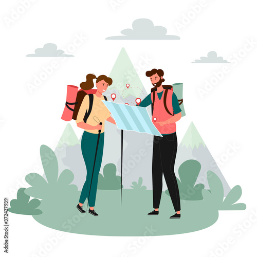 Tourists people group man woman couple hiking. A guy and a girl are looking at a map of the area. Woman walking along the path with hiking sticks in her hands. Travelers hiking adventure