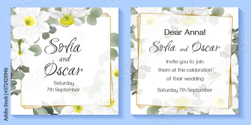 Floral card for wedding invitation. Delicate white daffodils, green leaves and plants, gold polygonal frame.