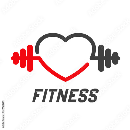 Concepto gimnasio. Logotipo Fitness con corazón y mancuerna lineal en gris y rojo