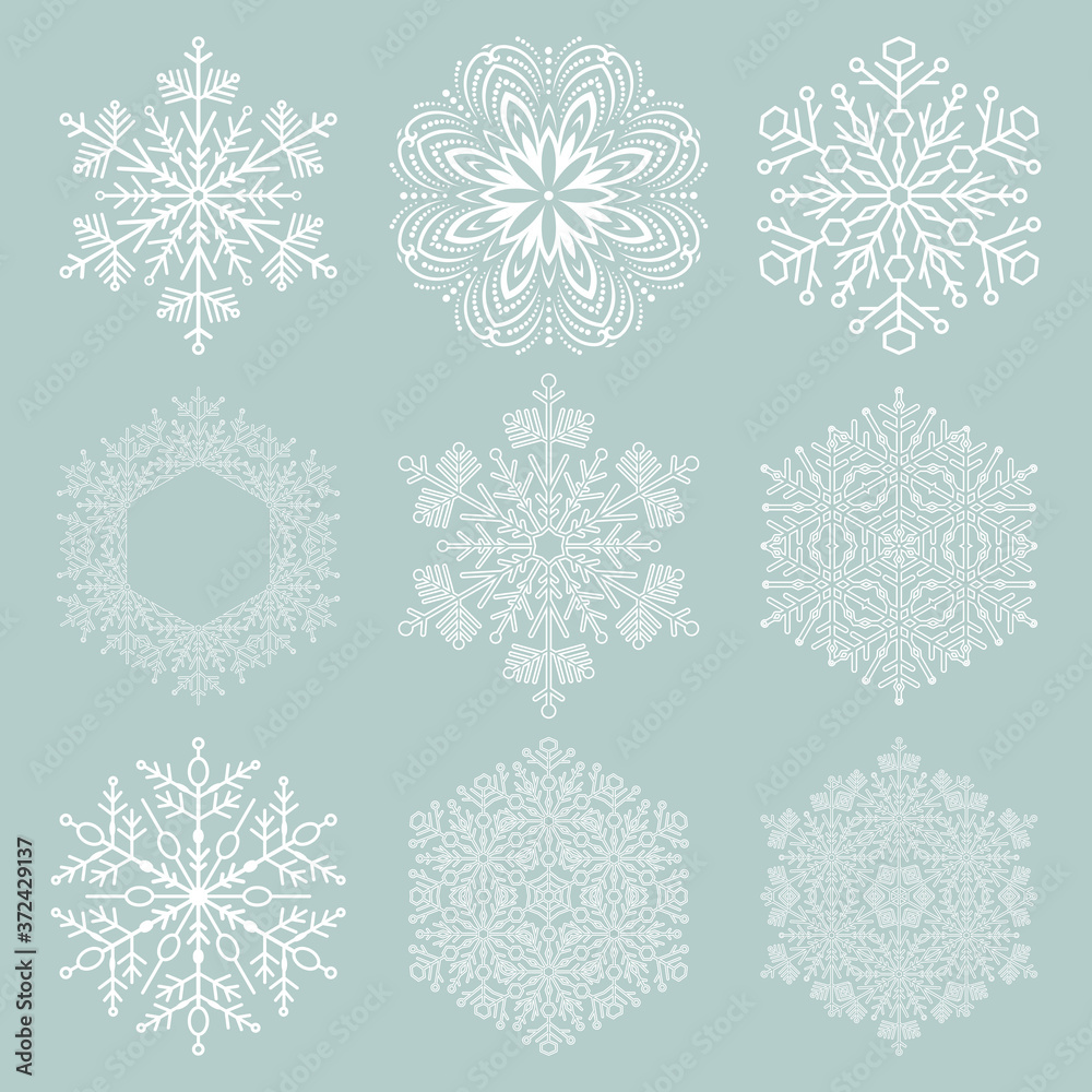 Set of vector white snowflakes. Fine winter ornaments. Snowflakes collection. White snowflakes for backgrounds and designs Set of vector white snowflakes. Fine winter ornaments. Snowflakes collection. White snowflakes for backgrounds and designs