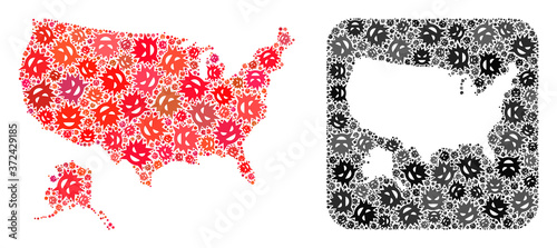 Infection virus map of USA and Alaska collage formed with rounded square and hole. Vector map of USA and Alaska collage of evil virus ojects in variable sizes and color tones. photo