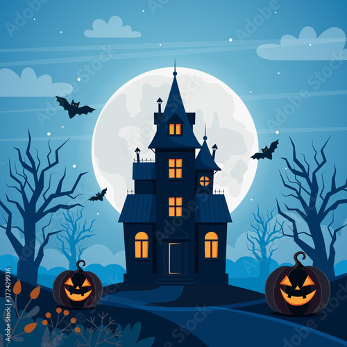 Halloween background with haunted house, full moon, pumpkins and trees