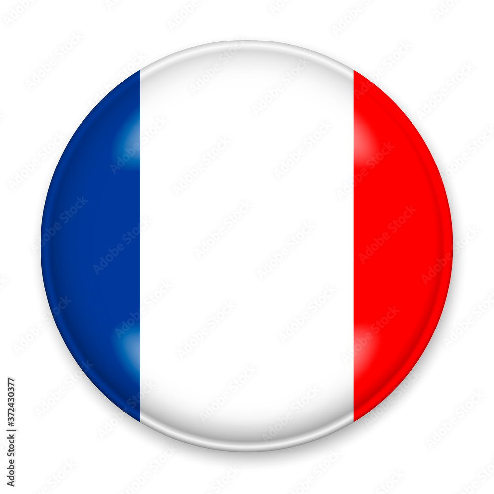 Flag of France in the form of a round button with a light glare and a shadow. The symbol of Independence Day, a souvenir, a button for switching the language on the site, an icon. Flag of France in the form of a round button with a light glare and a shadow. The symbol of Independence Day, a souvenir, a button for switching the language on the site, an icon.