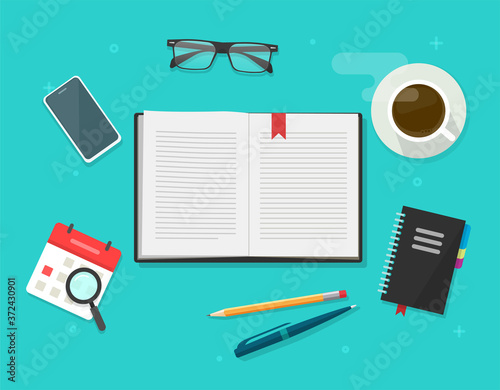 Book or notebook diary open on learning desk table top vector, textbook text pages, reading notepad paper with bookmark, writing via pen and pencil on workplace flat cartoon illustration