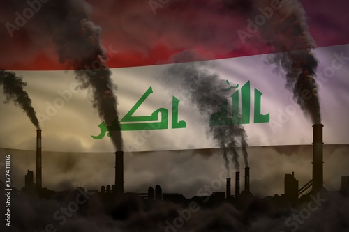 Global warming concept - heavy smoke from factory chimneys on Iraq flag background with place for your logo - industrial 3D illustration