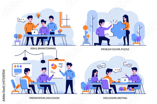 Vector Illustration flat and outline design style, ideas, brainstorming, problem solver, puzzle, presentation, discussion, meeting