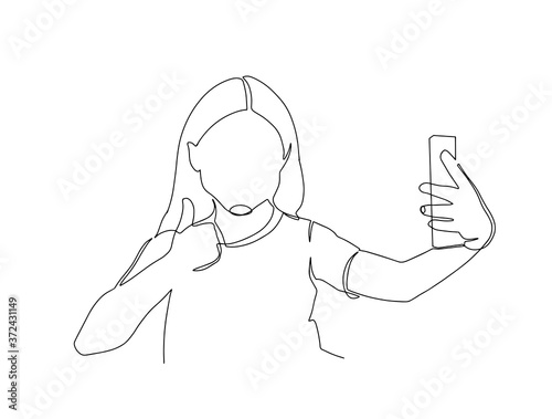 Young girl taking selfie continuous one line drawing. Kid take a picture using mobile phone or smartphone. Vector minimalism design hand drawn sketch lineart
