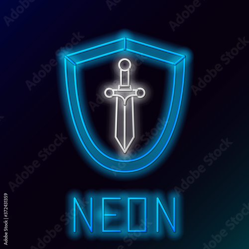 Glowing neon line Medieval shield with sword icon isolated on black background. Colorful outline concept. Vector.