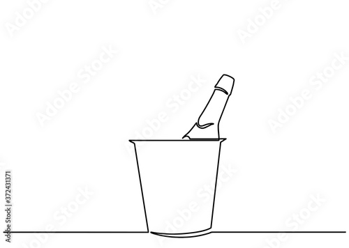 Champagne bottle in bucket and glasses one line vector illustration minimalism style. Drawing of a champagne bottle in a bucket with ice. Cold champagne one line. Line vector illustration