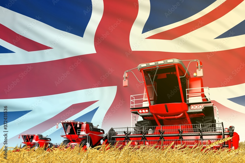 Obraz premium red rural agricultural combine harvester on field with United Kingdom (UK) flag background, food industry concept - industrial 3D illustration
