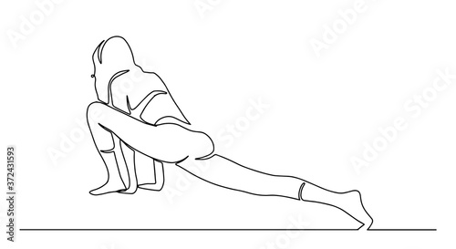 Continuous line drawing of women fitness yoga. concept of health illustration. One continuous drawn line of yoga drawn from the hand picture silhouette. Woman stretching legs fitness. Vector