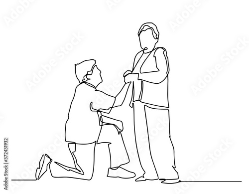 Continuous one line drawing of love marriage marriage symbol. Old man giving proposal to woman. Happy elderly people concept. Love among old people. Old person One line. Vector illustration