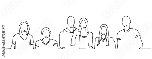 Group of people continuous one line vector drawing. Family, friends hand drawn characters.. Women and men waiting in queue. Minimalistic contour illustration. youth company of happy friends hugging