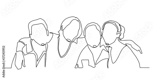 Group of people continuous one line vector drawing. Family, friends hand drawn characters.. Women and men waiting in queue. Minimalistic contour illustration. youth company of happy friends hugging