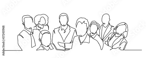 continuous drawing of a business team standing together. continuous line drawing of a diverse crowd of standing people. Group of people continuous one line vector drawing. Family, friends hand drawn © Mykhailo