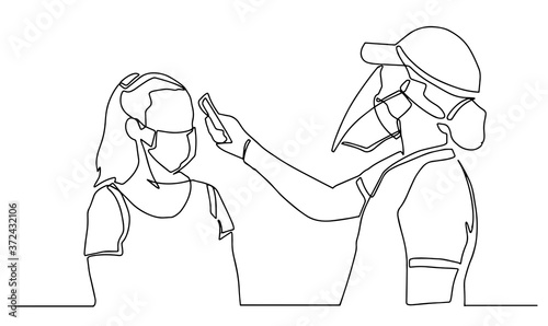 Medical staff check body temperature at woman. Continuous one line drawing. Vector Illustration COVID-19 symbol. Visitors must go through fever measures using infrared digital. continuous line drawing