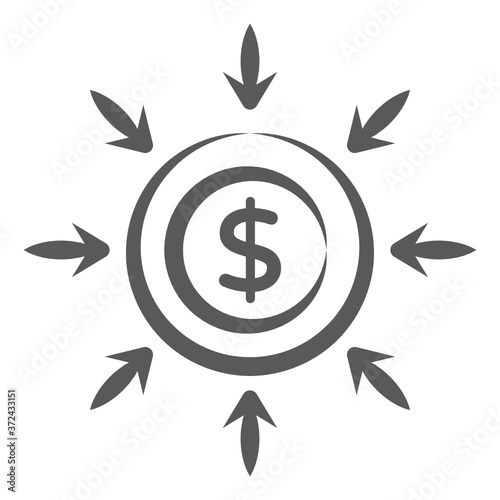 
Dollar coin with inward arrows, concept of capital inflow icon
