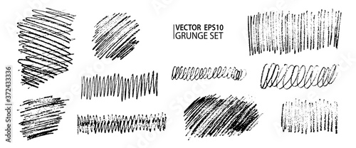 Grunge pencil sketches set. Grunge stains collection. Charcoal pencil hatches. Doodle scribbles set. Grungy textures and strokes.