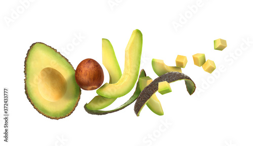 Valokuva sliced avocado on a white background with avocado peel