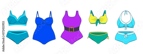 Swimming suits set. Doodle bikini collection. Plus size and curvey ladies swimsuits. Modern and classic style swimwear sketches. Swimwear fashion for all body types.