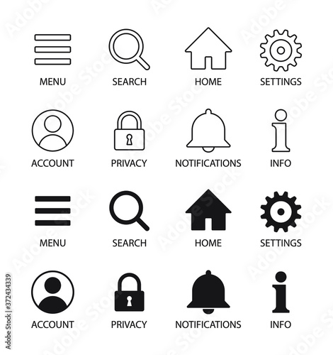 Web application interface icon collection. Vector symbol set. Menu, search, home, settings, account, lock and info button sign. Cogwheel, magnify and user profile logo. Isolated on white background.