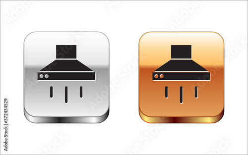Black Kitchen extractor fan icon isolated on white background. Cooker hood. Kitchen exhaust. Household appliance. Silver-gold square button. Vector.