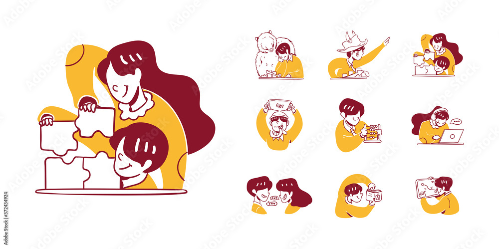 9 Business and Finance Icon Illustration in Outline Hand Drawn Design Style. Man, Woman solving puzzle, analyse, increase, decrease, bull, bear market, abacus, working, laptop, discuss, chart