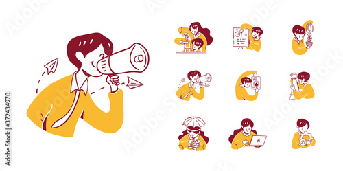 9 Business and Finance Icon Illustration in Outline Hand Drawn Design Style. Man, Woman solving puzzle, doing presentation, money grow, publication, searching, strategy, chess, management, protection