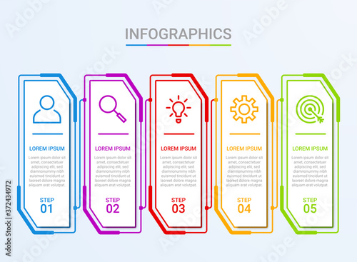 Business data visualization, infographic template with 5 steps on blue background, vector illustration
