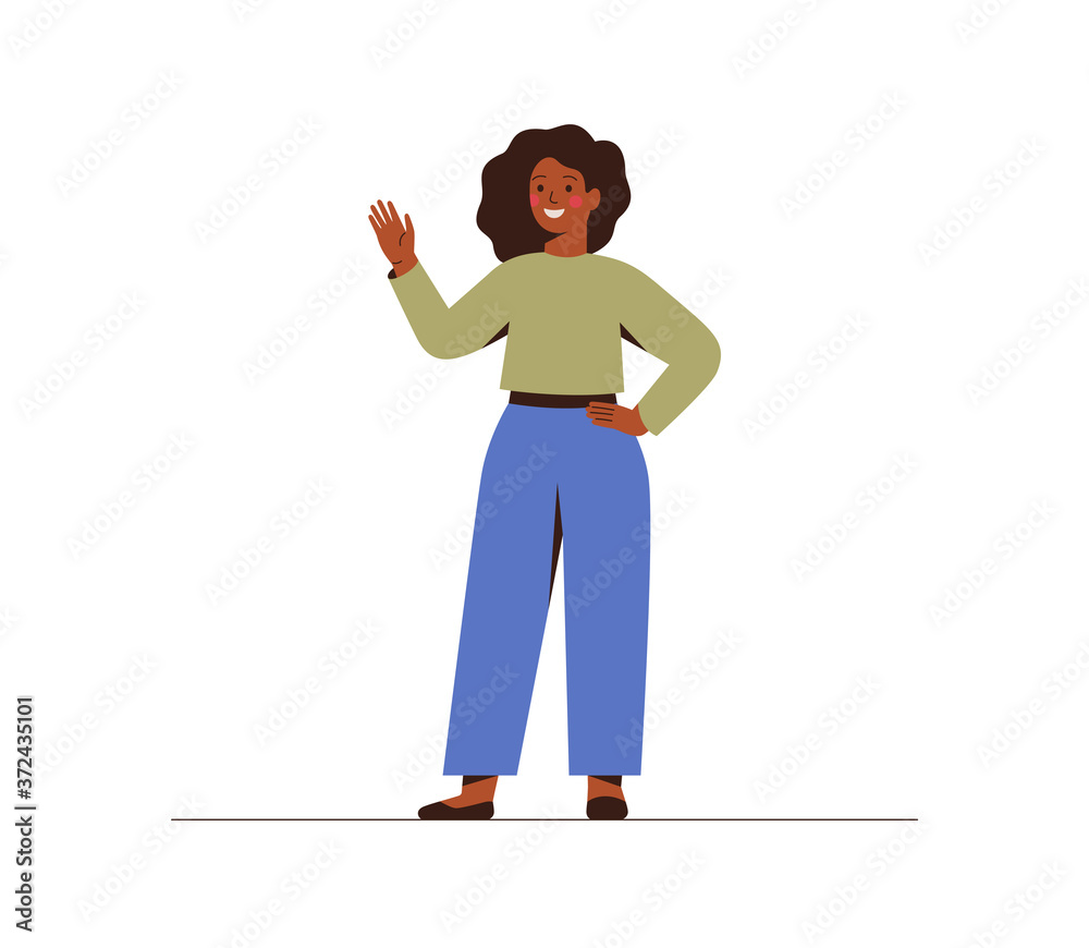 © Mary Long - Modern young dark skin businesswoman is waving hand. Smily black girl in casual clothes makes a greeting gesture. Flat vector cartoon illustration isolated on white background