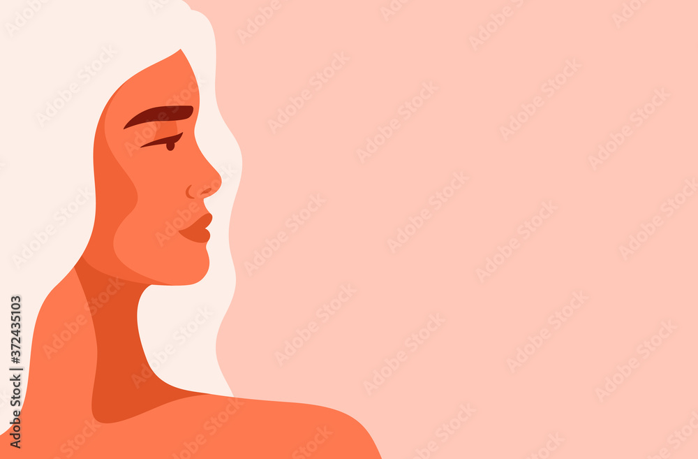 Side view face of a young strong Caucasian woman with blond hair. Concept of fighting for equality and women empowerment movement. Vector horizontal banner. Side view face of a young strong Caucasian woman with blond hair. Concept of fighting for equality and women empowerment movement. Vector horizontal banner.