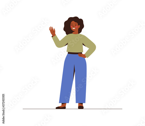 Modern young dark skin businesswoman is waving hand. Smily black girl in casual clothes makes a greeting gesture. Flat vector cartoon illustration isolated on white background