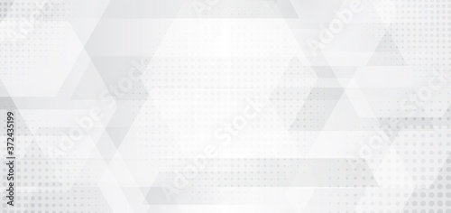 Abstract banner web white and gray geometric hexagon overlapping technology corporate design background with halftone effect