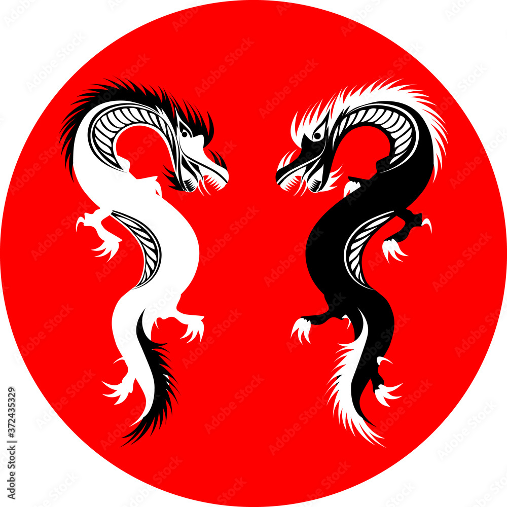 two black and white dragons on red circle