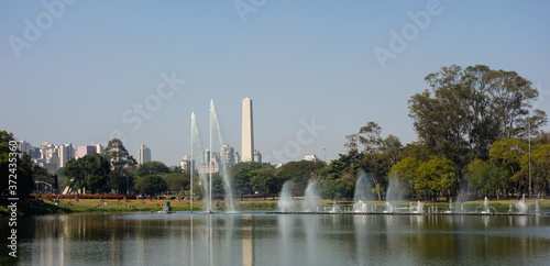 SAO PAULO, BRAZIL - Jul 18, 2020: Ibirapuera park, cityscape and obelisk
