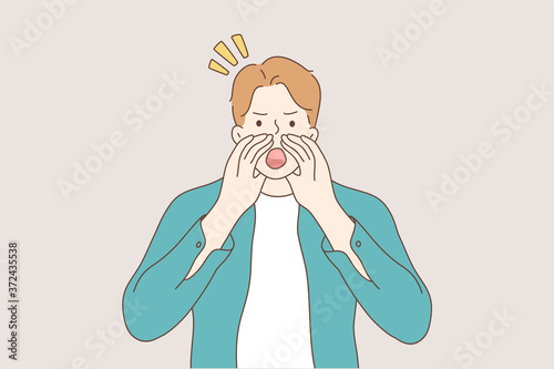 Communication, emotion, face, expression, advertising, promotion concept. Young worried angry man guy boy teenager character standing yelling shouting or screaming with hands on mouth illustration.