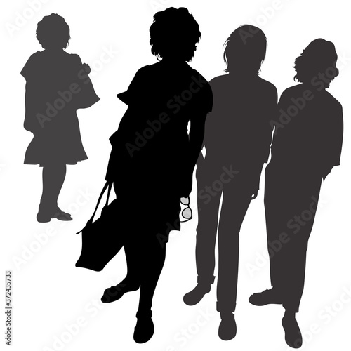 Vector silhouettes of a female group, 3 взрослые women are standing close together, a girl with a bag holding sun glasses, a meeting of girlfriends, figures of people full-length straight