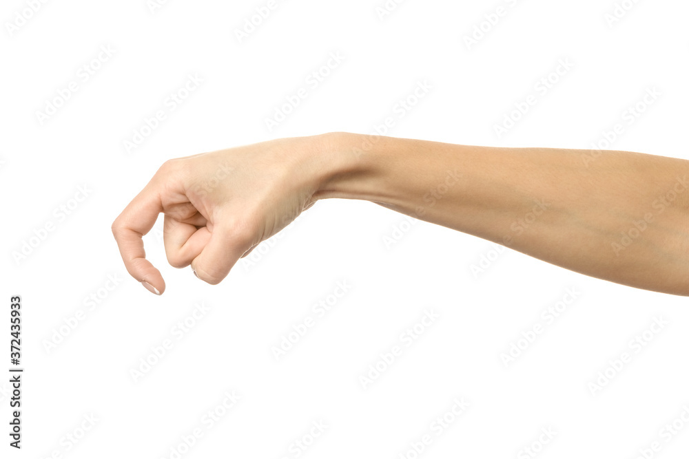 Finger reaching or scratching. Woman hand gesturing isolated on white Finger reaching or scratching. Woman hand gesturing isolated on white