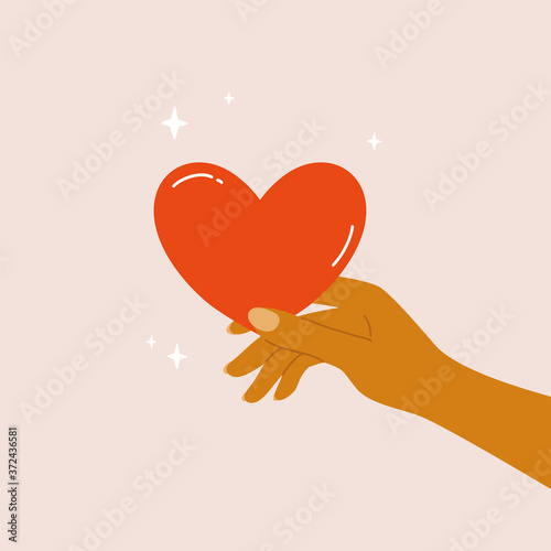 Human hand holding heart in fingers. Giving and sharing love to someone. Charity, donation or volunteer, help and people support concept. Health and care icon. Heart shaped symbol vector illustration