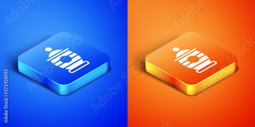 Isometric Funeral urn icon isolated on blue and orange background. Cremation and burial containers, columbarium vases, jars and pots with ashes. Square button. Vector.