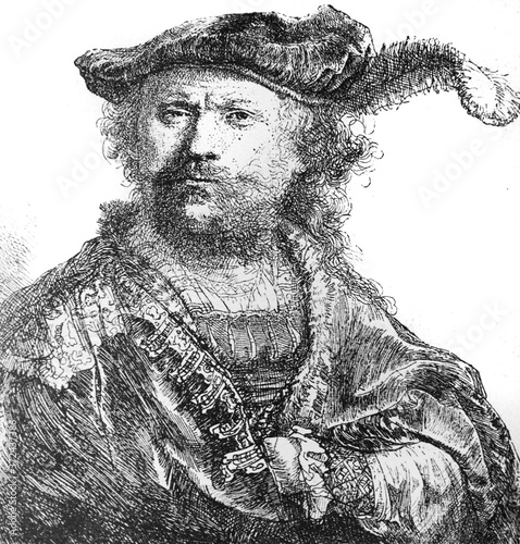 Engraved Rembrandt's portrait in the old book Rembrandt by Knuckfus, S. Petersburg, 1890 photo