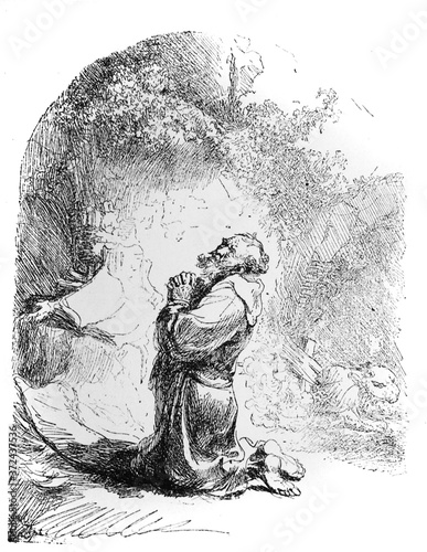 Saint Jerome at prayer, engraved in the old book Rembrandt by Knuckfus, S. Petersburg, 1890 photo