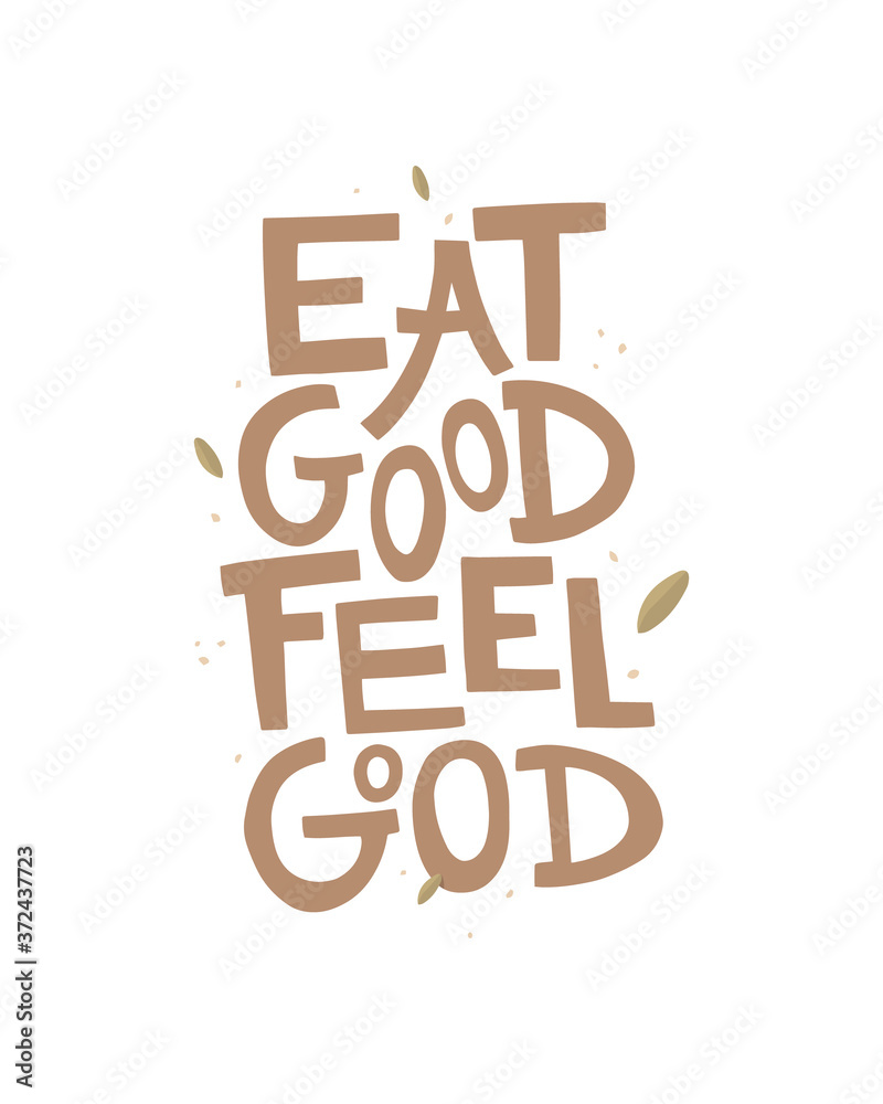 Handwritten lettering, vector. White background with leaves and