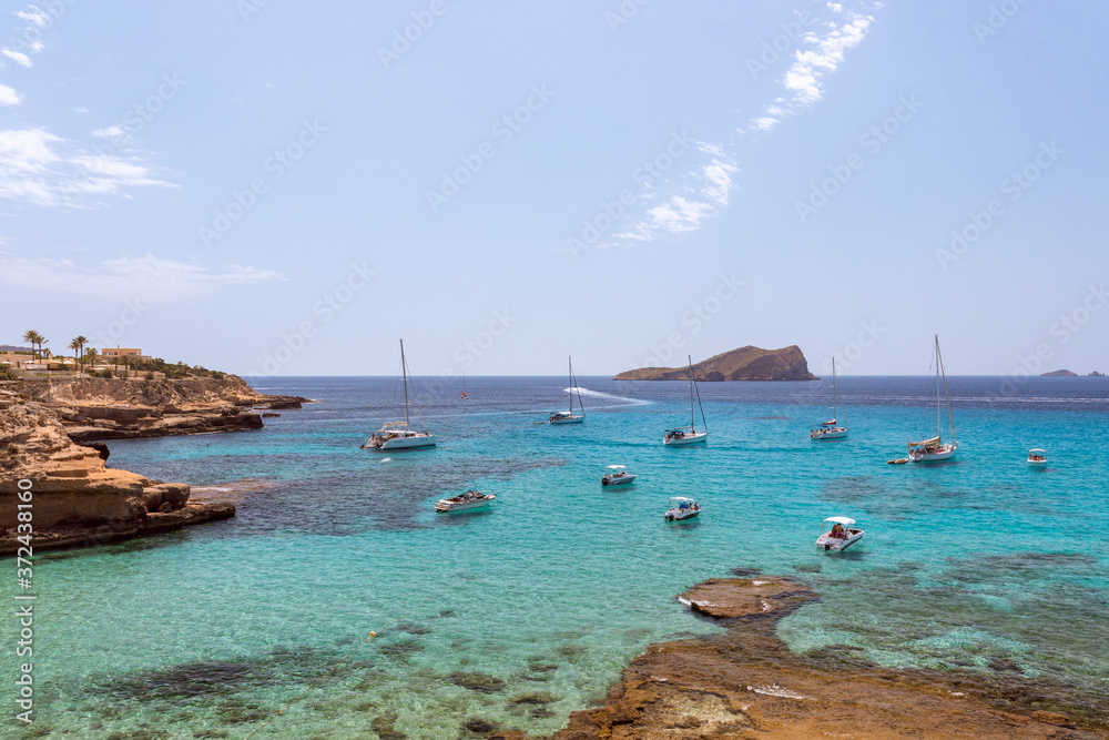 Beautiful view of Cala Escondida. Ibiza, Balearic Islands. Spain