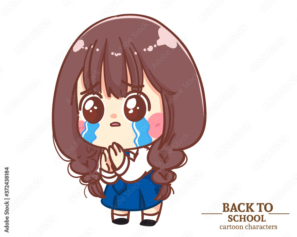 Cute Girl children student uniforms feel guilty back to school. Cartoon illustration Premium Vector Cute Girl children student uniforms feel guilty back to school. Cartoon illustration Premium Vector