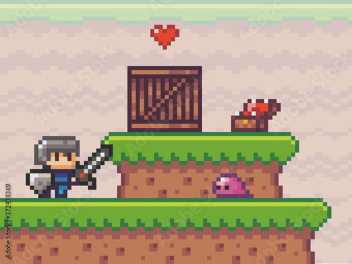 Pixel art style, character in game arcade play. Man with sharp sword and shield fighting against monster aliens, retro gaming mode. Game scene with dirt platforms with grass, wooden box and chest