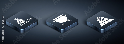 Set Isometric Witch cauldron and magic stone, Masons and Witch cauldron icon. Vector.