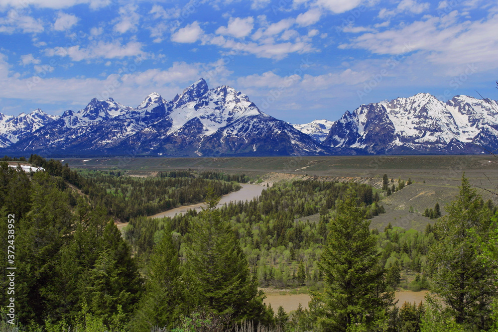 Grand Teton Mountain range from the Snake river overlook, Wyoming, USA