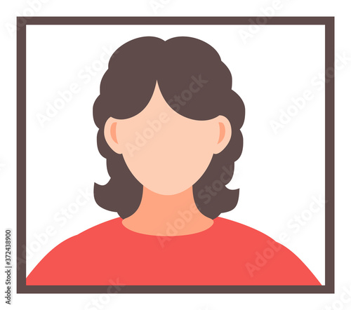 Avatar of faceless young brunette woman in frame. Cartoon vector character. Young girl portrait. User of website. Isolated white unknown female person in red t-shirt. Flat web icon for user profile